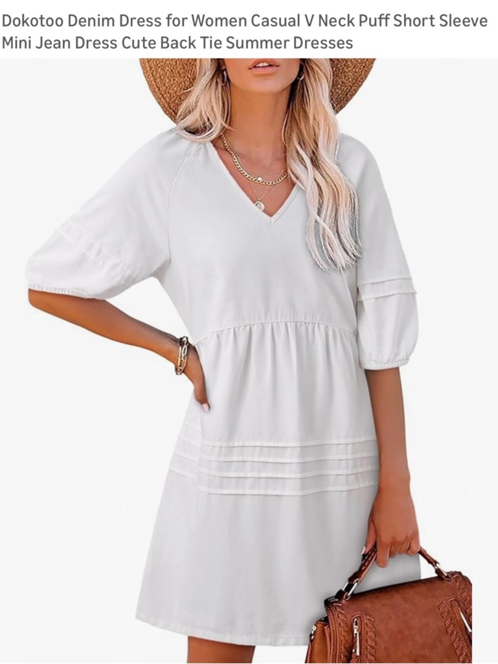 Dokotoo White V-Neck Puff Sleeve Mini Dress Small